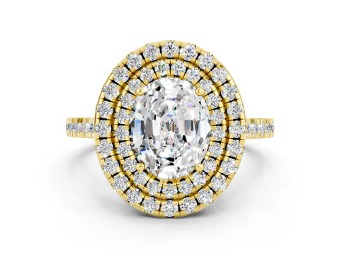 Yellow gold Double Halo Oval Cut Moissanite Pavé Band with Four-Prong Setting