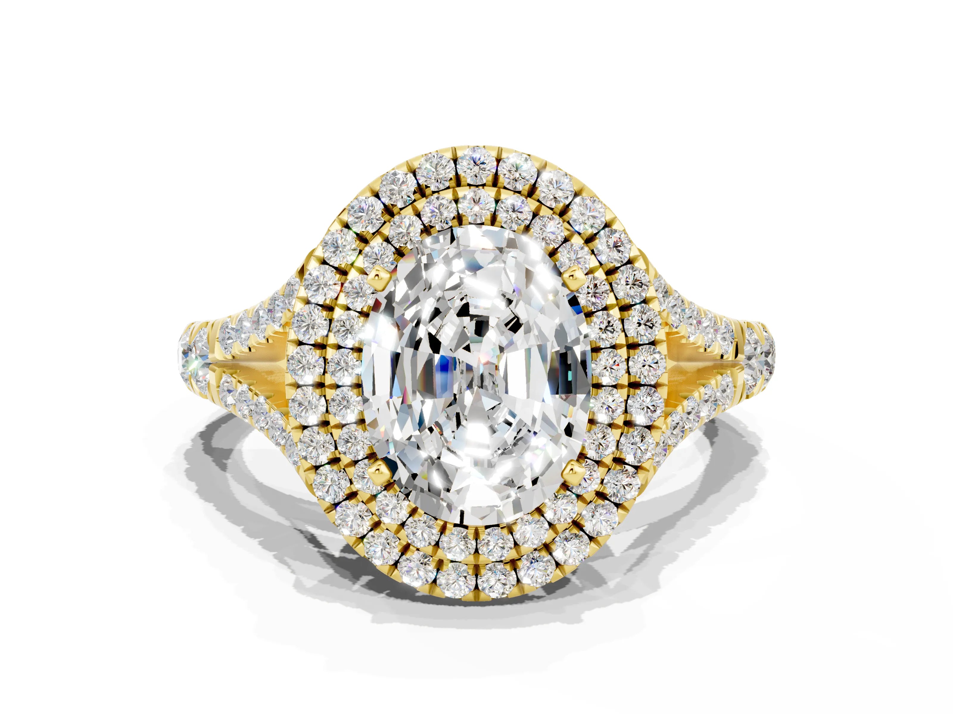 Yellow gold Double Halo Oval Cut Moissanite Pavé Split Shank Ring with Prong Setting