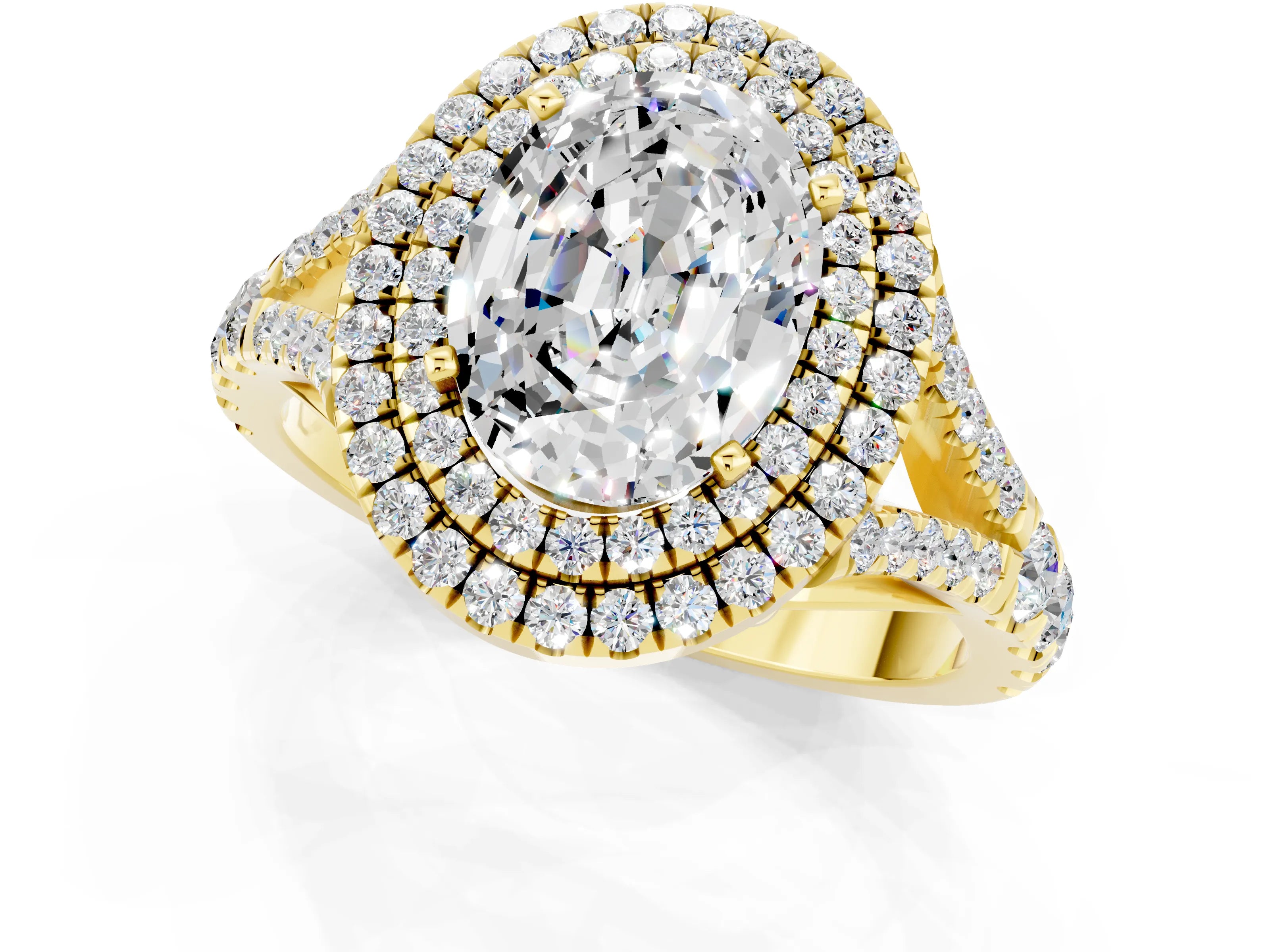 Yellow gold Double Halo Oval Cut Moissanite Pavé Split Shank Ring with Prong Setting_1
