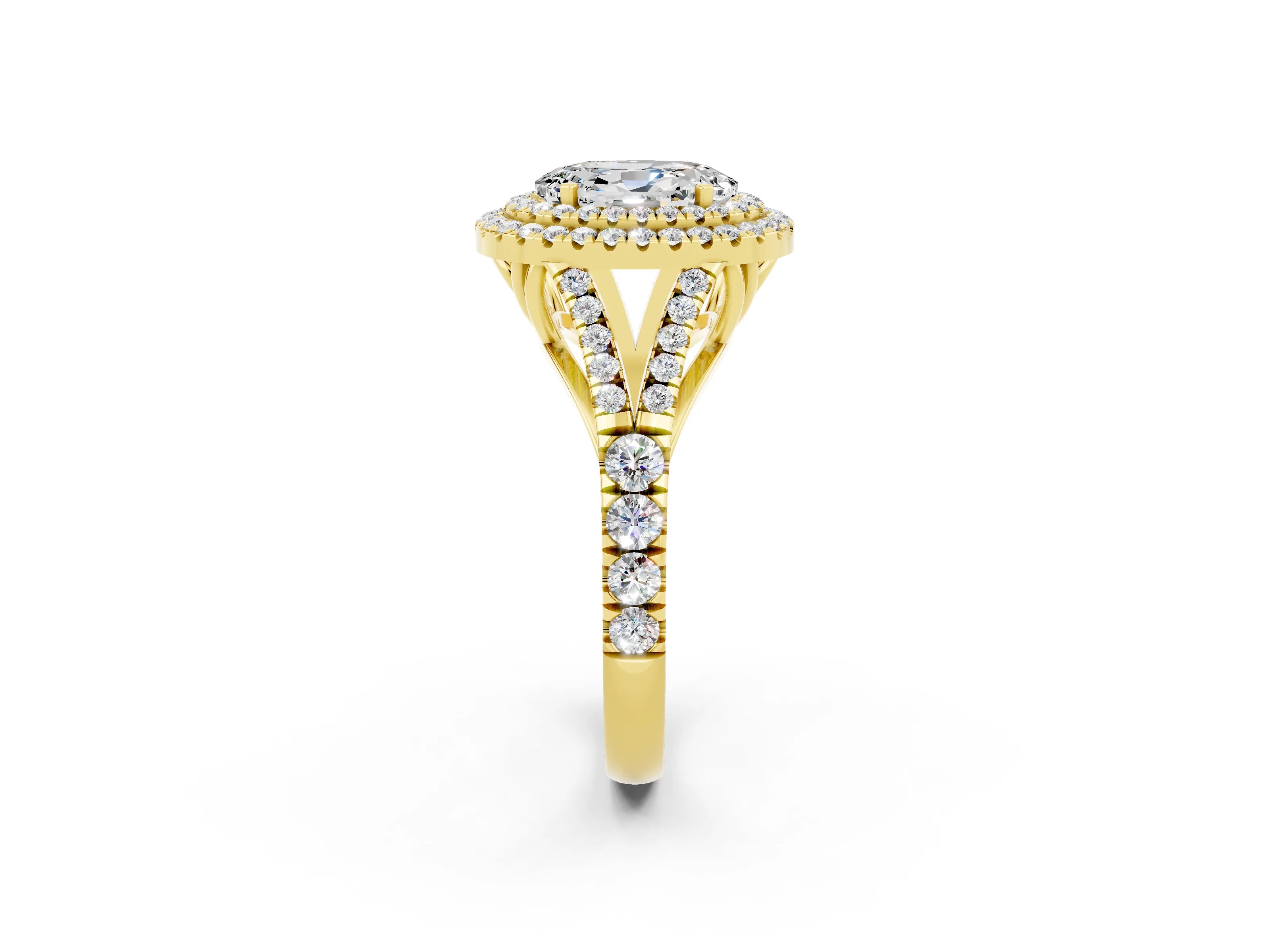 Yellow gold Double Halo Oval Cut Moissanite Pavé Split Shank Ring with Prong Setting_2