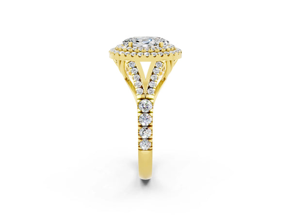 Yellow gold Double Halo Oval Cut Moissanite Pavé Split Shank Ring with Prong Setting