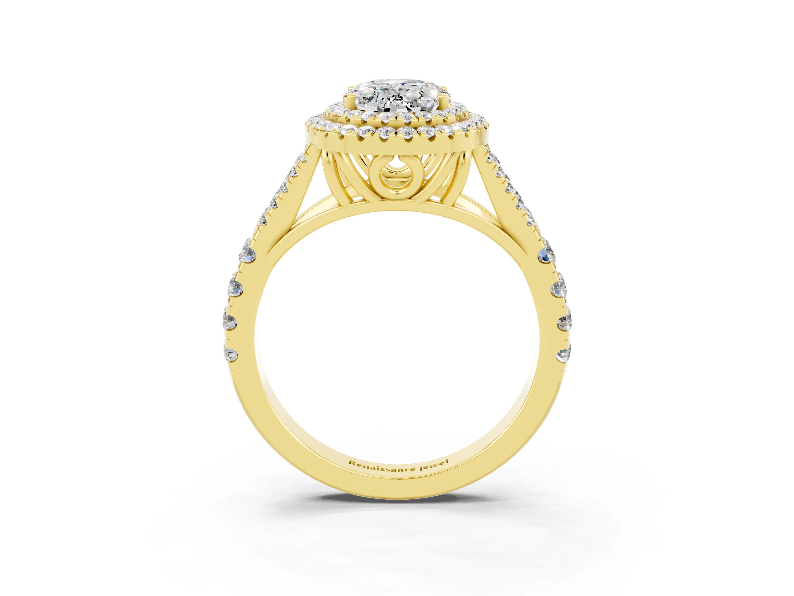 Yellow gold Double Halo Oval Cut Moissanite Pavé Split Shank Ring with Prong Setting_3