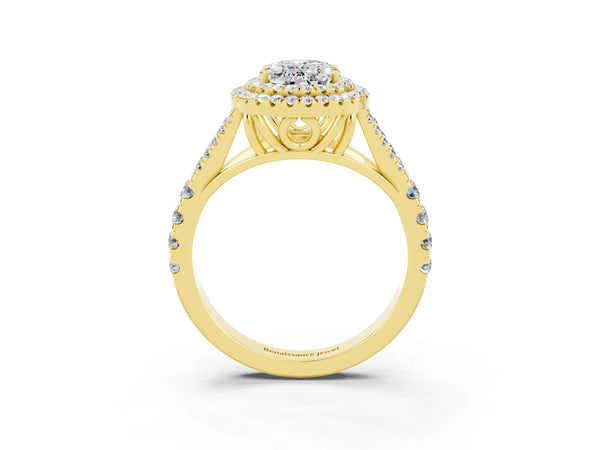 Yellow gold Double Halo Oval Cut Moissanite Pavé Split Shank Ring with Prong Setting