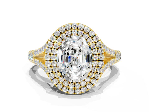 Yellow gold Double Halo Oval Cut Moissanite Pavé Split Shank Ring with Prong Setting