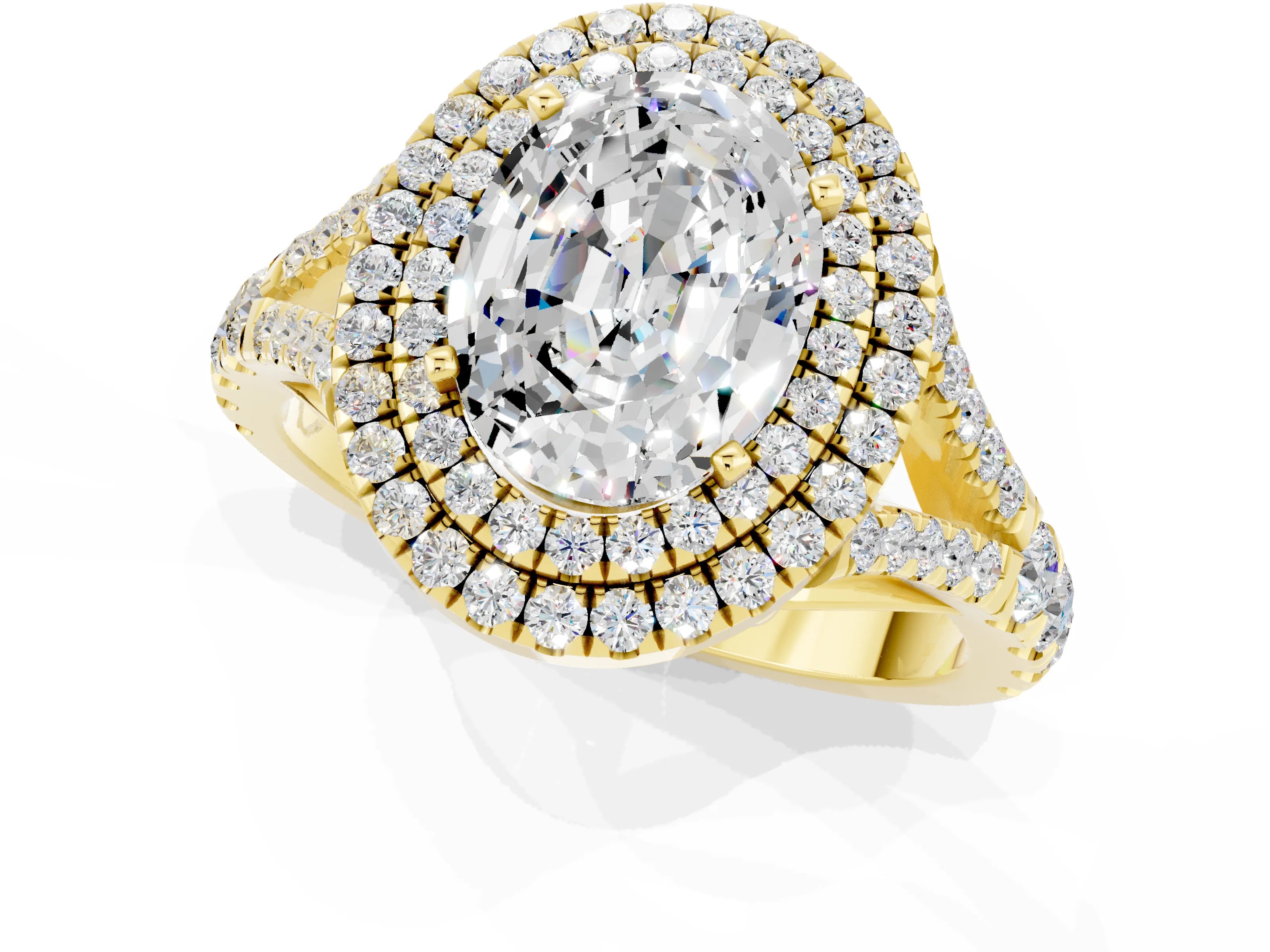 Yellow gold Double Halo Oval Cut Moissanite Split Shank Engagement Ring with Four-Prong Setting_1