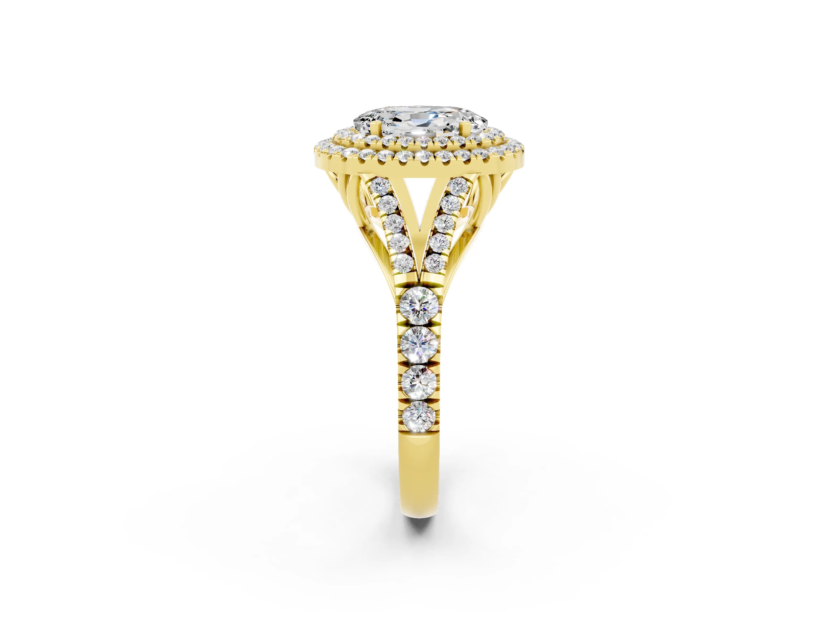 Yellow gold Double Halo Oval Cut Moissanite Split Shank Engagement Ring with Four-Prong Setting_2