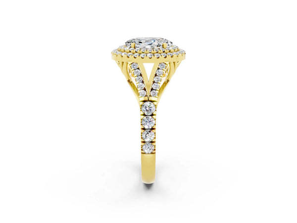 Yellow gold Double Halo Oval Cut Moissanite Split Shank Engagement Ring with Four-Prong Setting