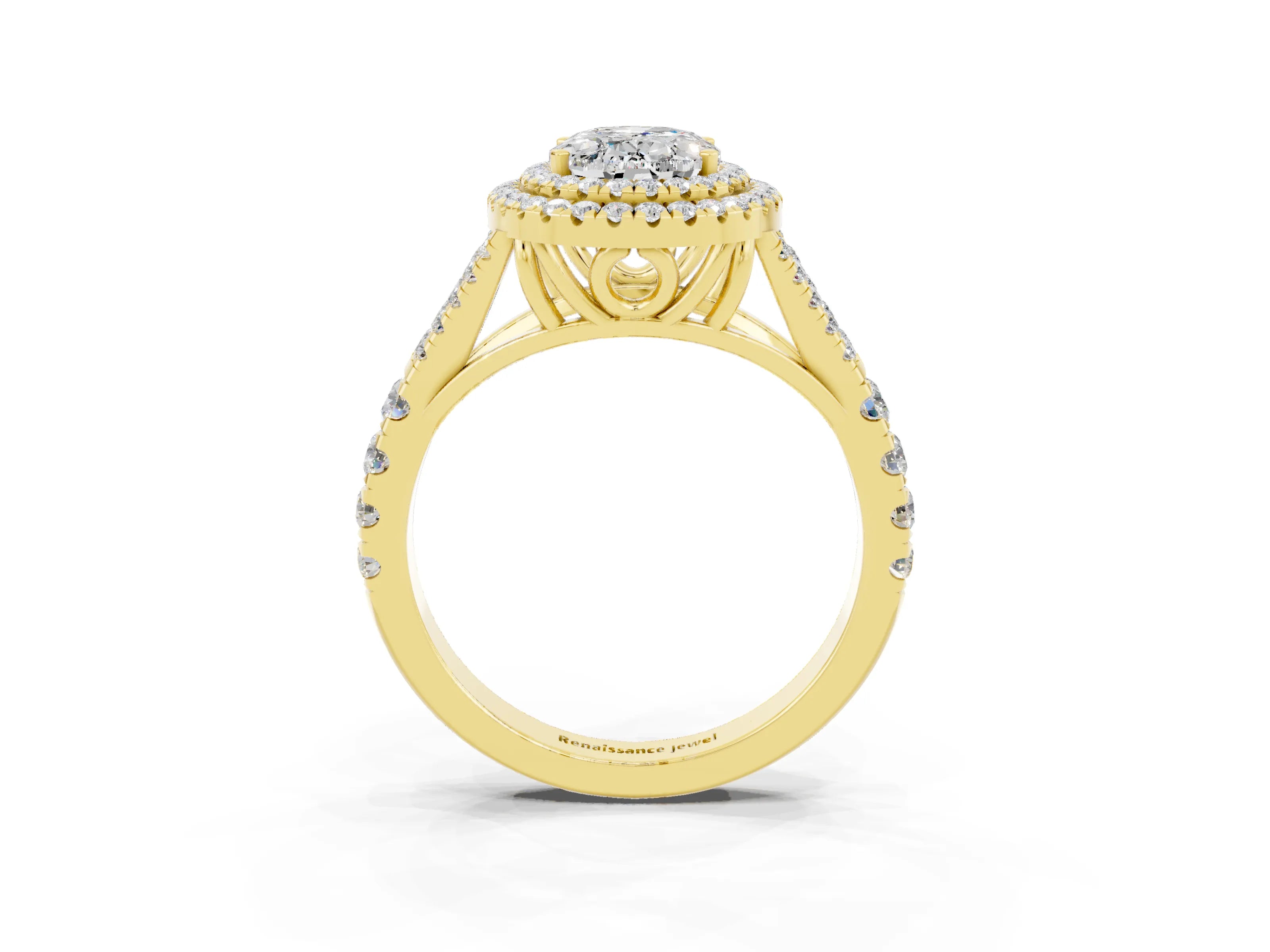 Yellow gold Double Halo Oval Cut Moissanite Split Shank Engagement Ring with Four-Prong Setting_3
