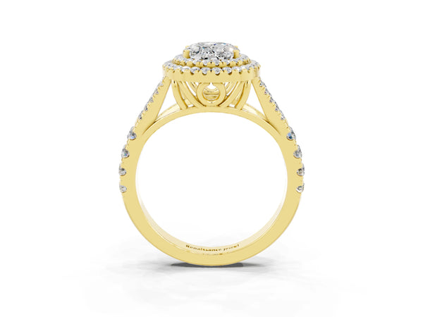 Yellow gold Double Halo Oval Cut Moissanite Split Shank Engagement Ring with Four-Prong Setting