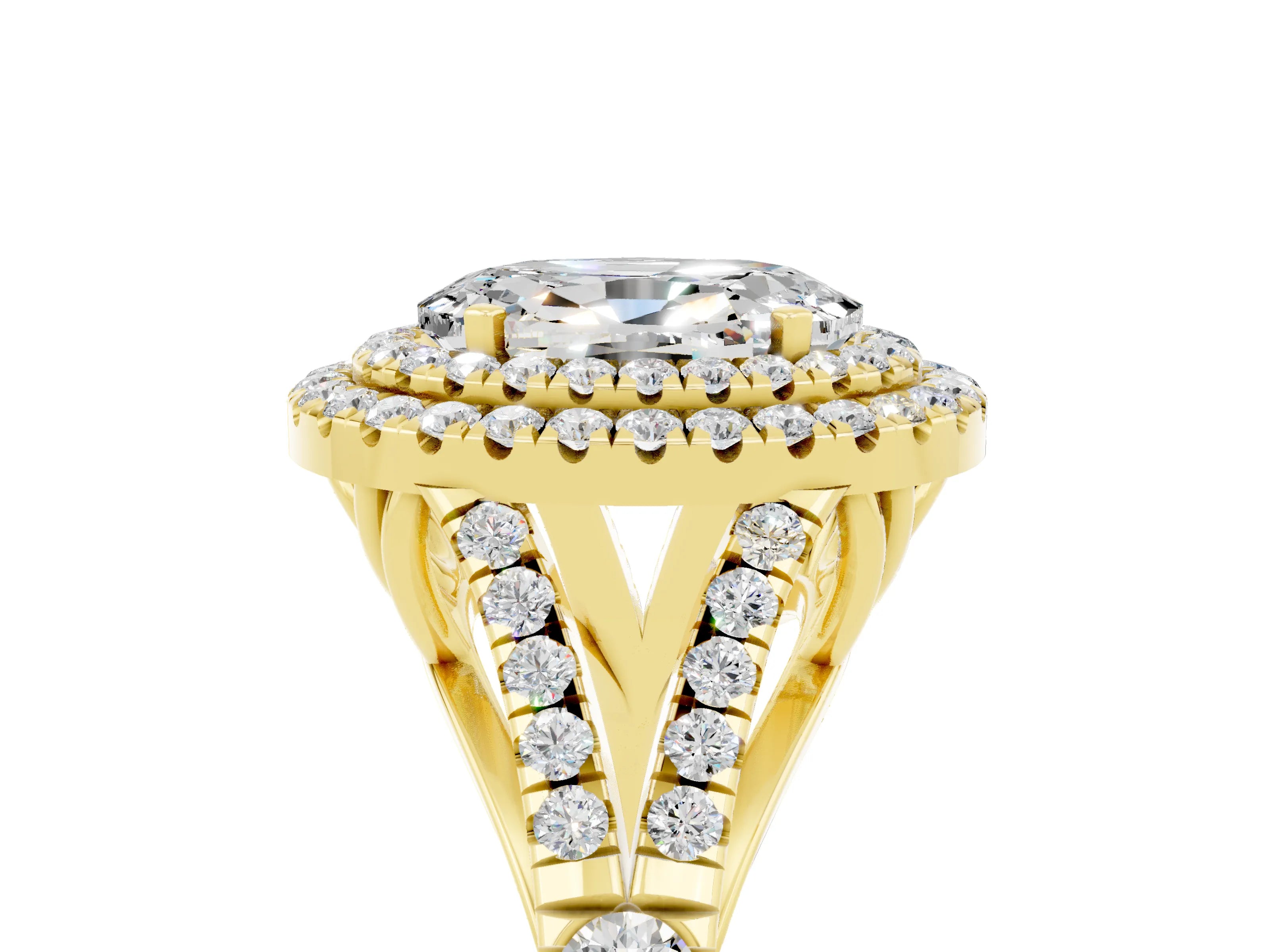 Yellow gold Double Halo Oval Cut Moissanite Split Shank Engagement Ring with Four-Prong Setting_5