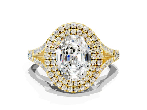 Yellow gold Double Halo Oval Cut Moissanite Split Shank Engagement Ring with Four-Prong Setting