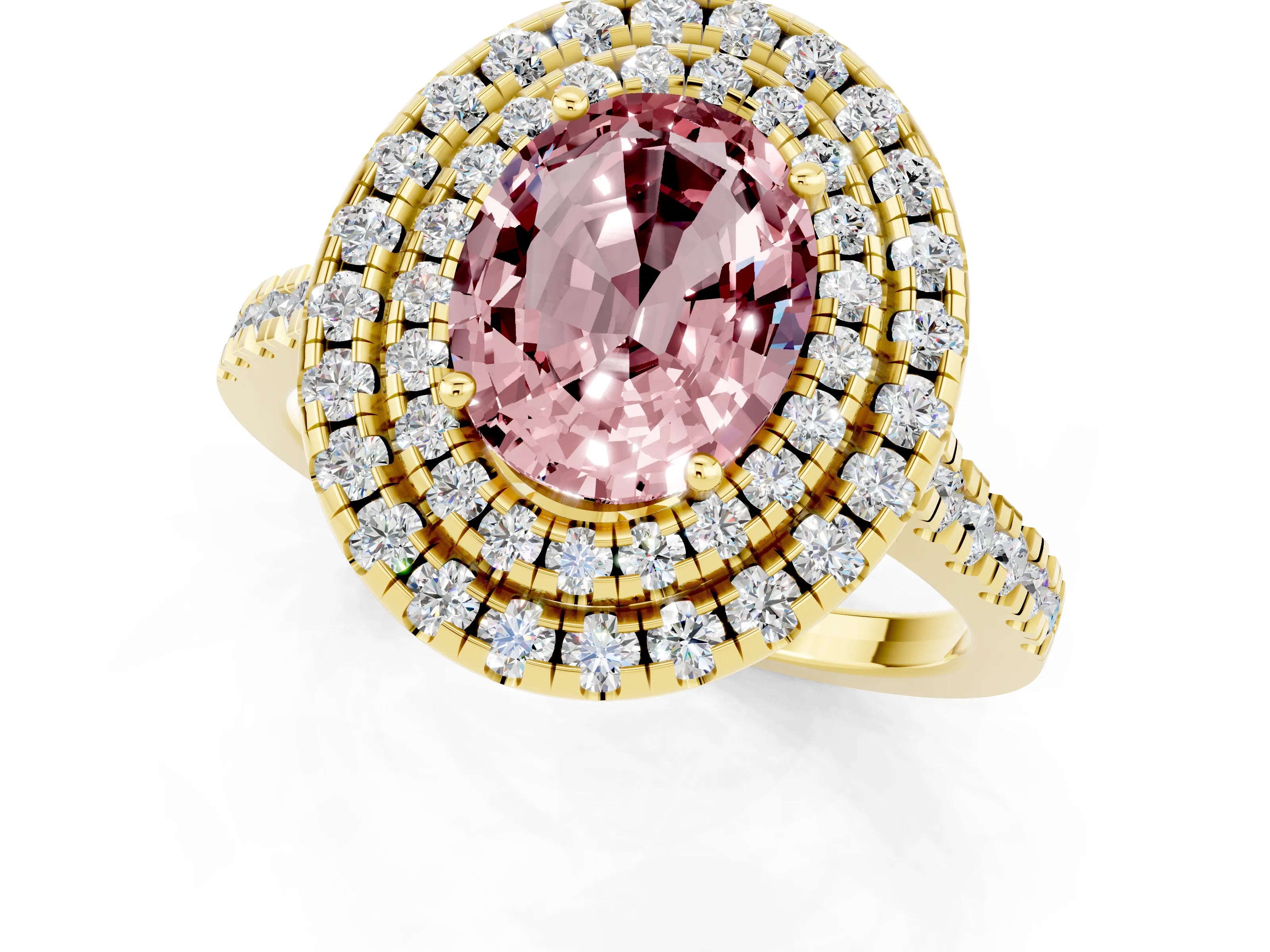 Yellow gold Double Halo Oval Cut Morganite Pavé Band with Four-Prong Setting_1