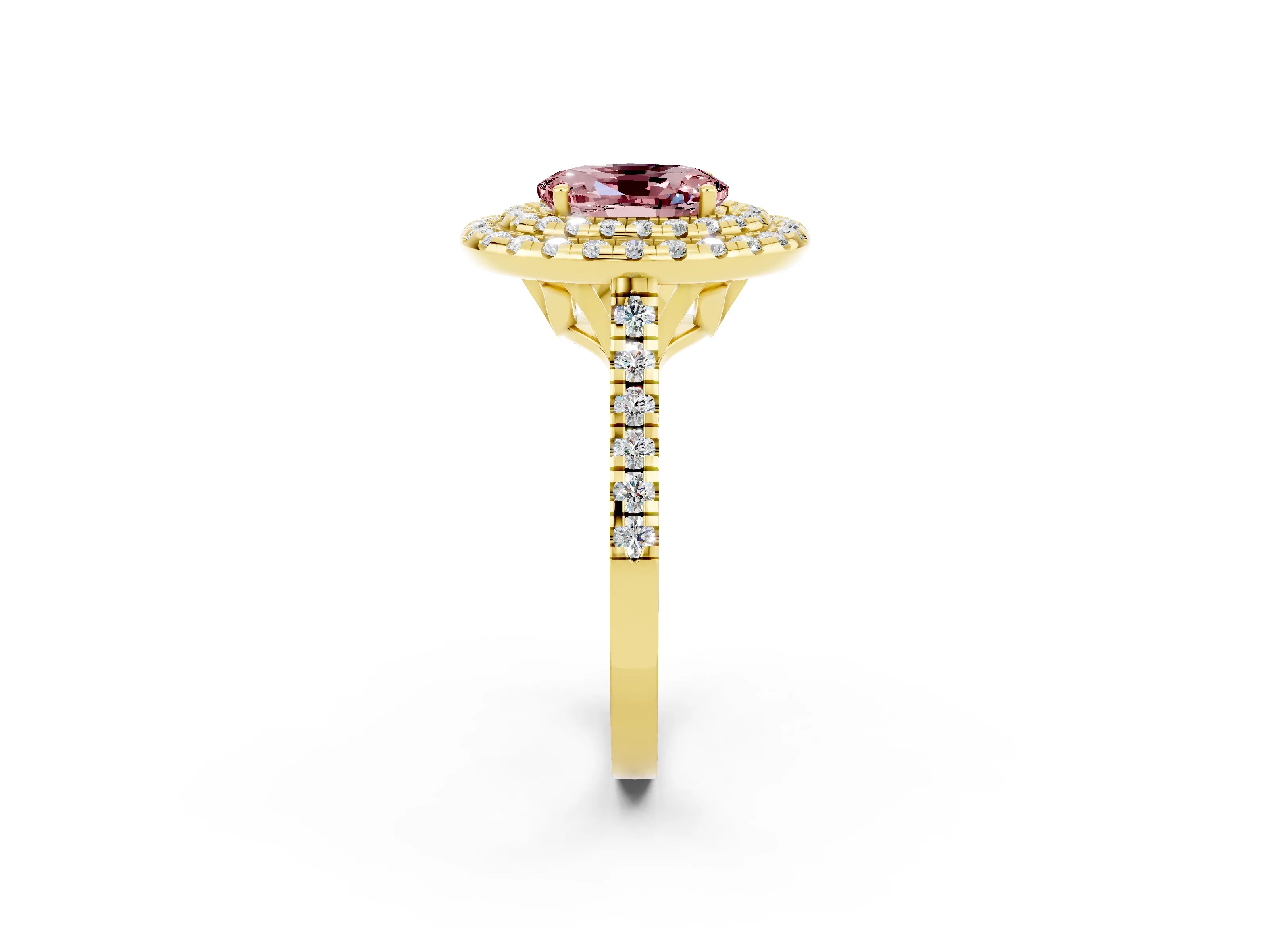 Yellow gold Double Halo Oval Cut Morganite Pavé Band with Four-Prong Setting_2