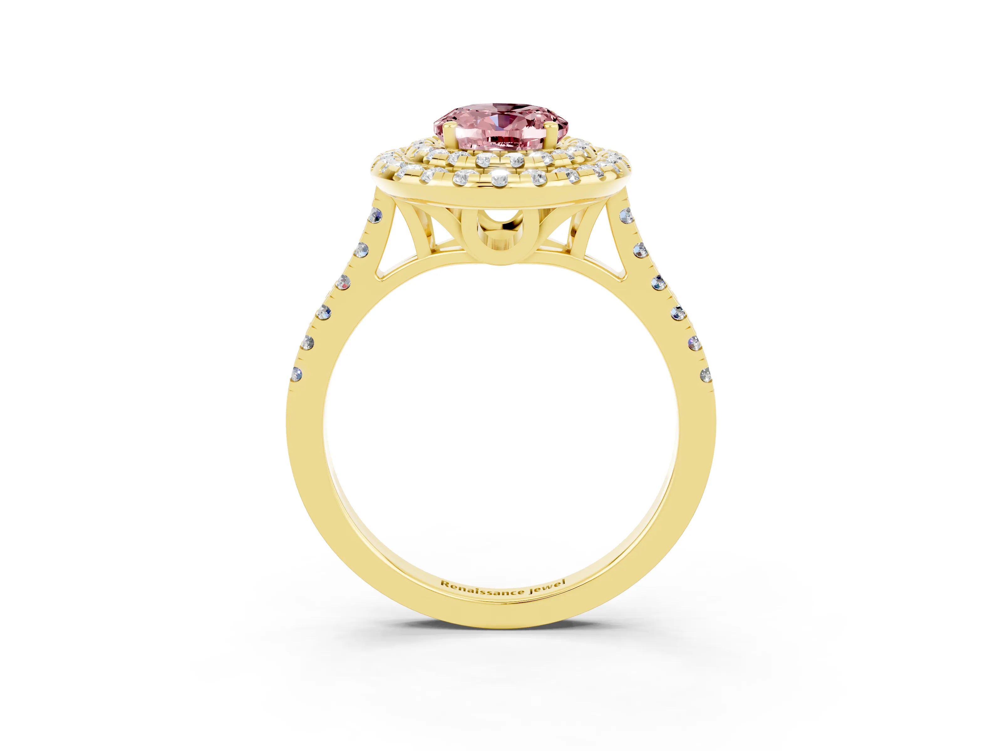 Yellow gold Double Halo Oval Cut Morganite Pavé Band with Four-Prong Setting_3