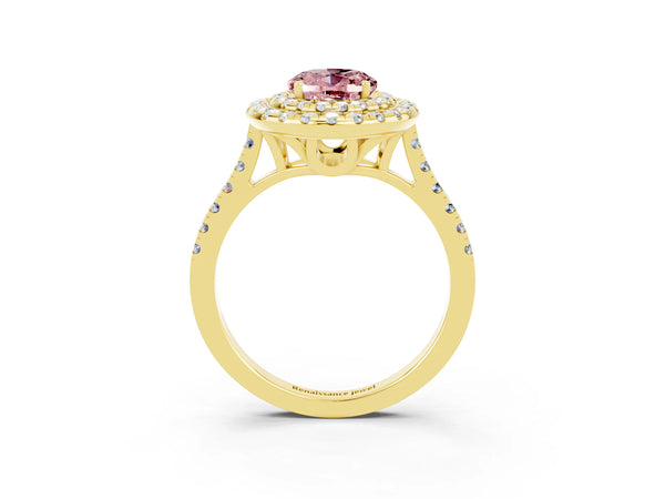 Yellow gold Double Halo Oval Cut Morganite Pavé Band with Four-Prong Setting