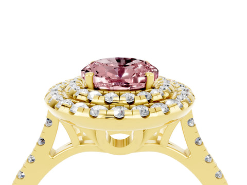 Yellow gold Double Halo Oval Cut Morganite Pavé Band with Four-Prong Setting_4