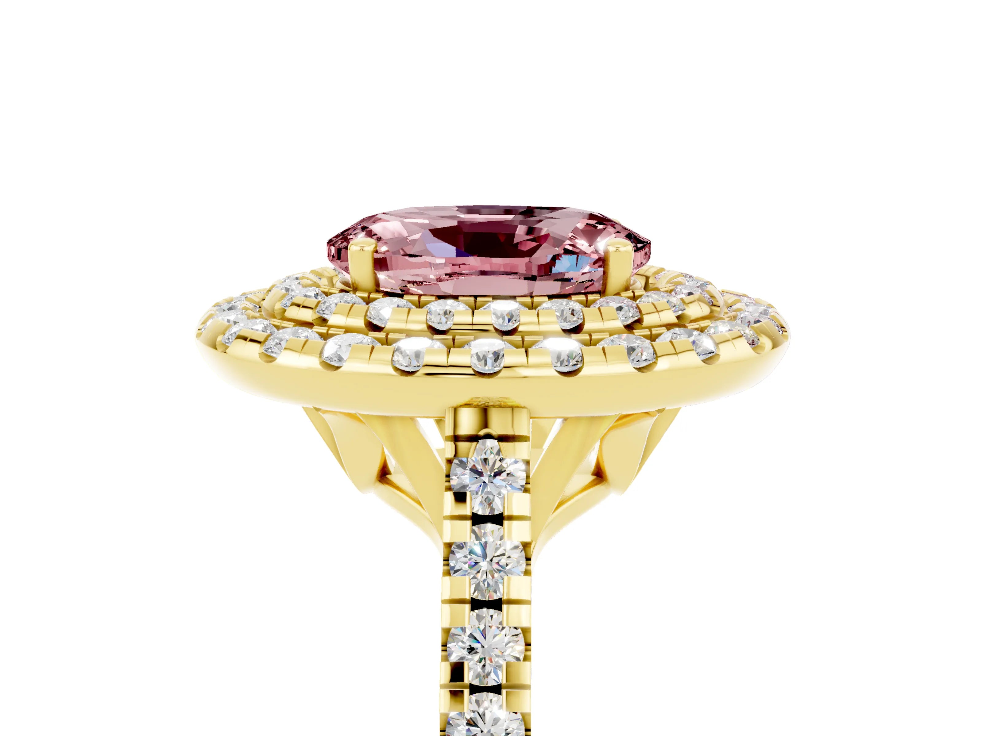 Yellow gold Double Halo Oval Cut Morganite Pavé Band with Four-Prong Setting_5