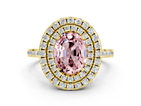Yellow gold Double Halo Oval Cut Morganite Pavé Band with Four-Prong Setting