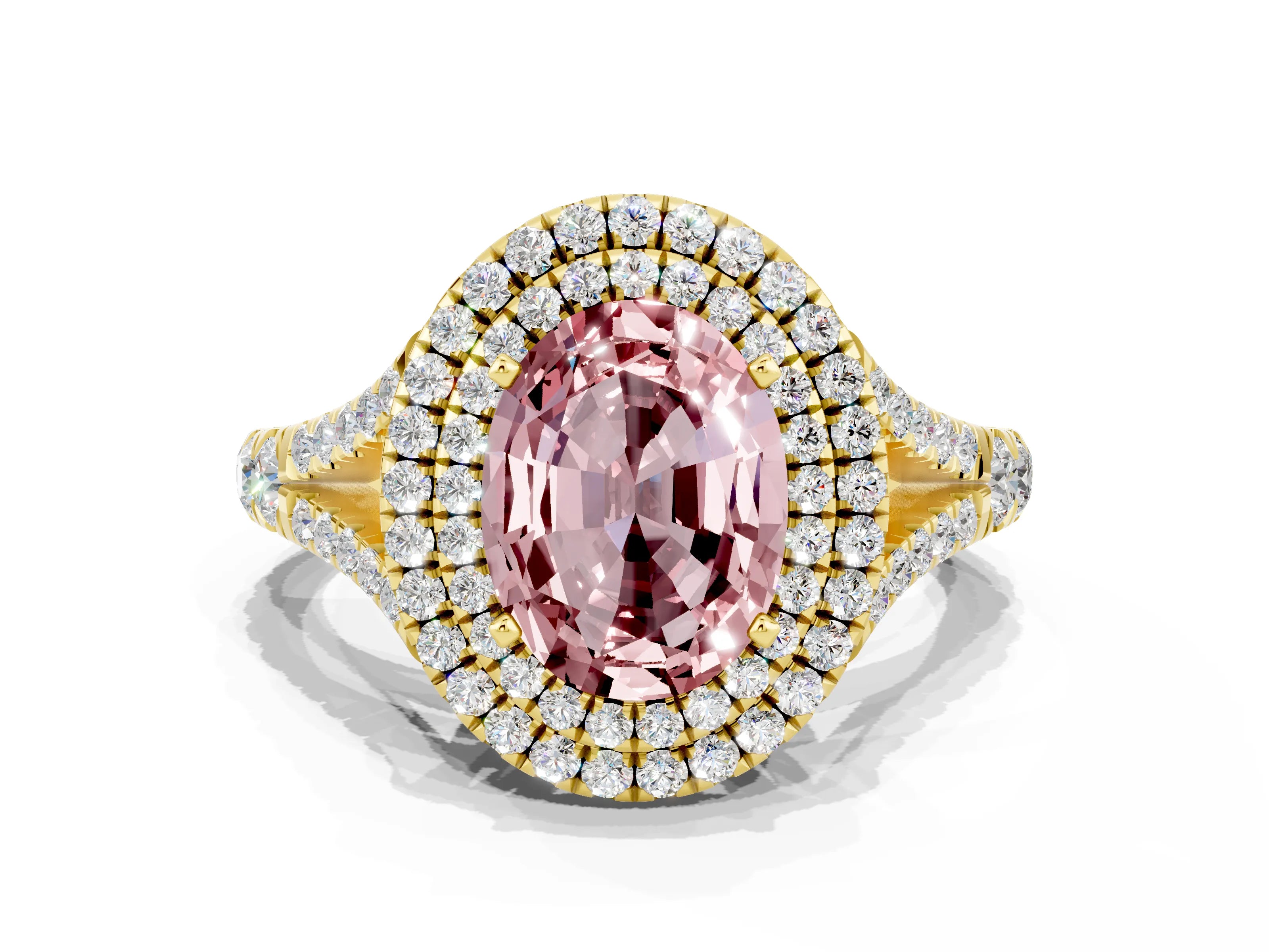 Yellow gold Double Halo Oval Cut Morganite Pavé Split Shank Ring with Prong Setting