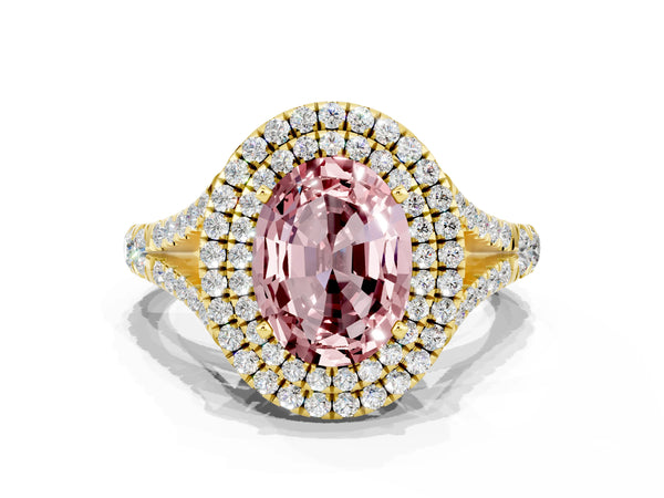 Yellow gold Double Halo Oval Cut Morganite Pavé Split Shank Ring with Prong Setting