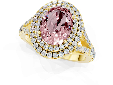 Yellow gold Double Halo Oval Cut Morganite Pavé Split Shank Ring with Prong Setting_1