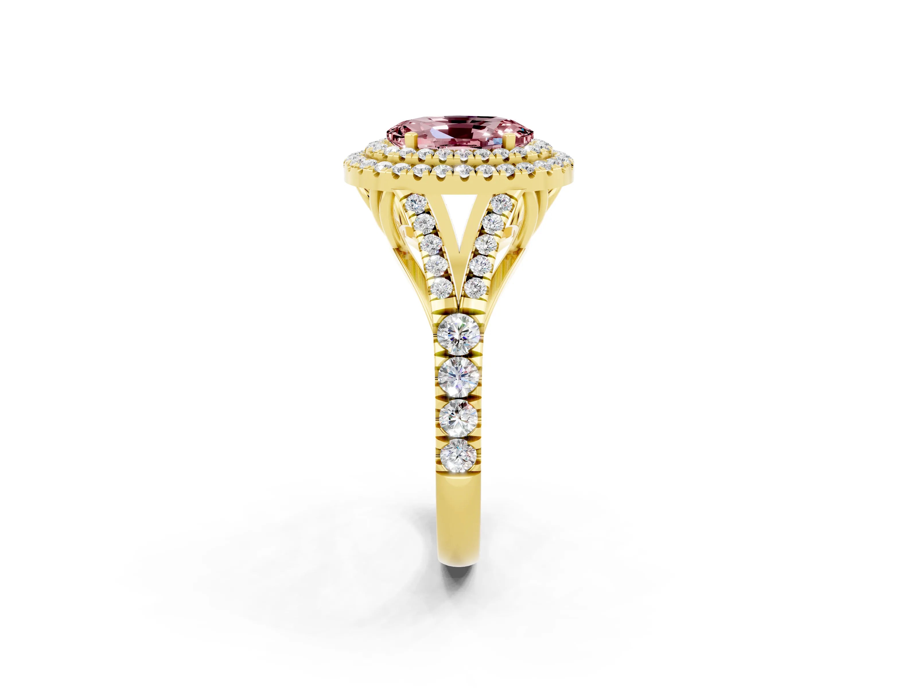 Yellow gold Double Halo Oval Cut Morganite Pavé Split Shank Ring with Prong Setting_2