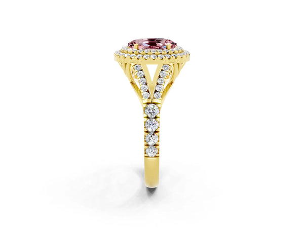 Yellow gold Double Halo Oval Cut Morganite Pavé Split Shank Ring with Prong Setting