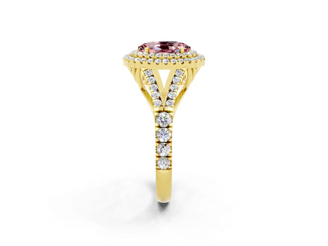 Yellow gold Double Halo Oval Cut Morganite Pavé Split Shank Ring with Prong Setting_2