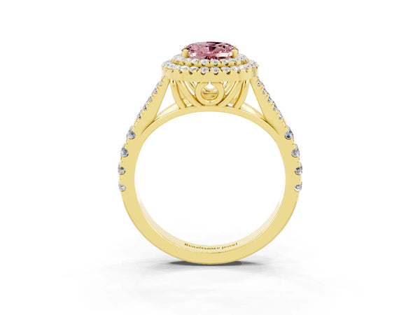 Yellow gold Double Halo Oval Cut Morganite Pavé Split Shank Ring with Prong Setting