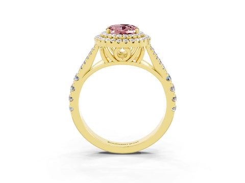 Yellow gold Double Halo Oval Cut Morganite Pavé Split Shank Ring with Prong Setting_3