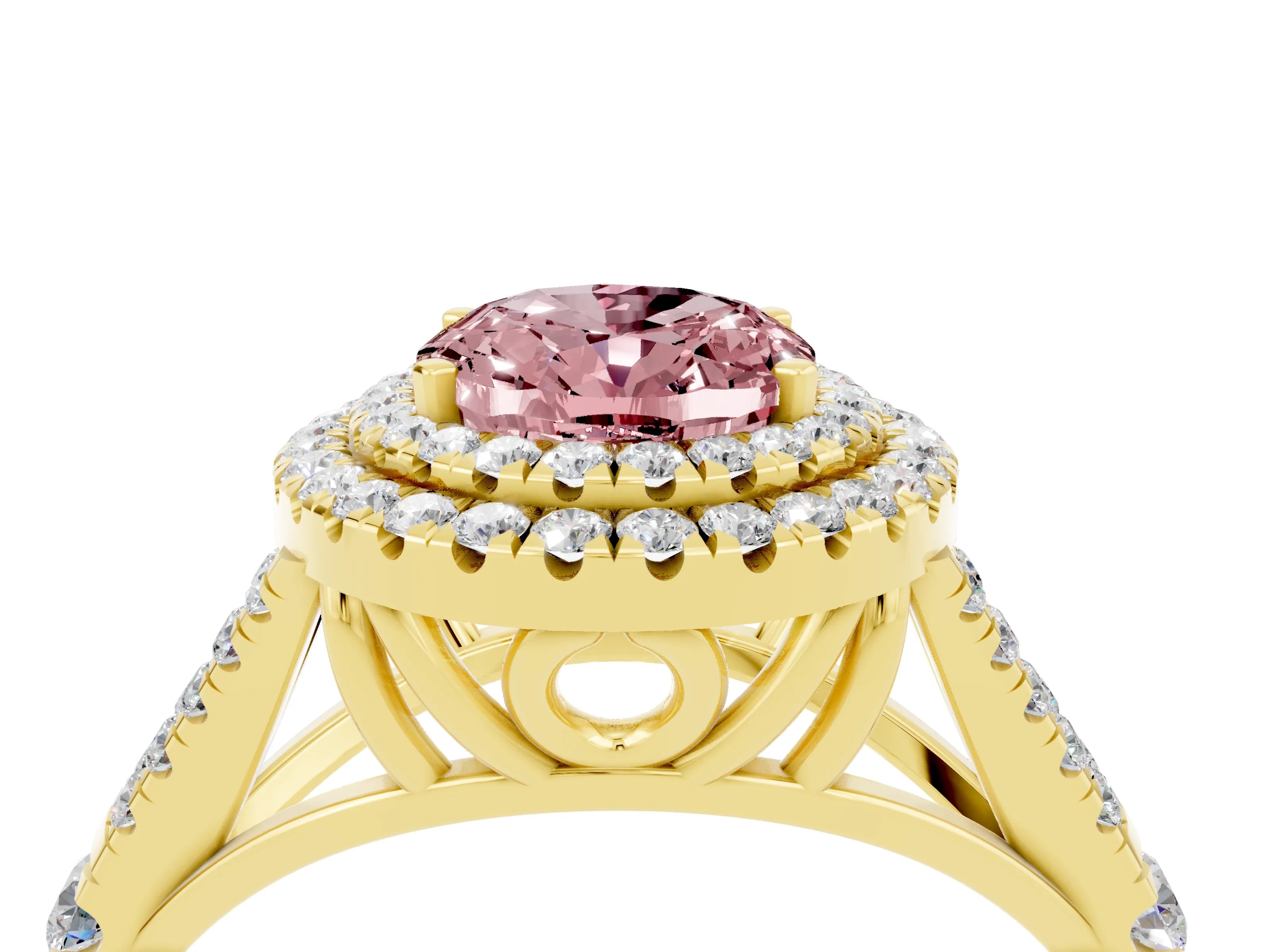 Yellow gold Double Halo Oval Cut Morganite Pavé Split Shank Ring with Prong Setting_4
