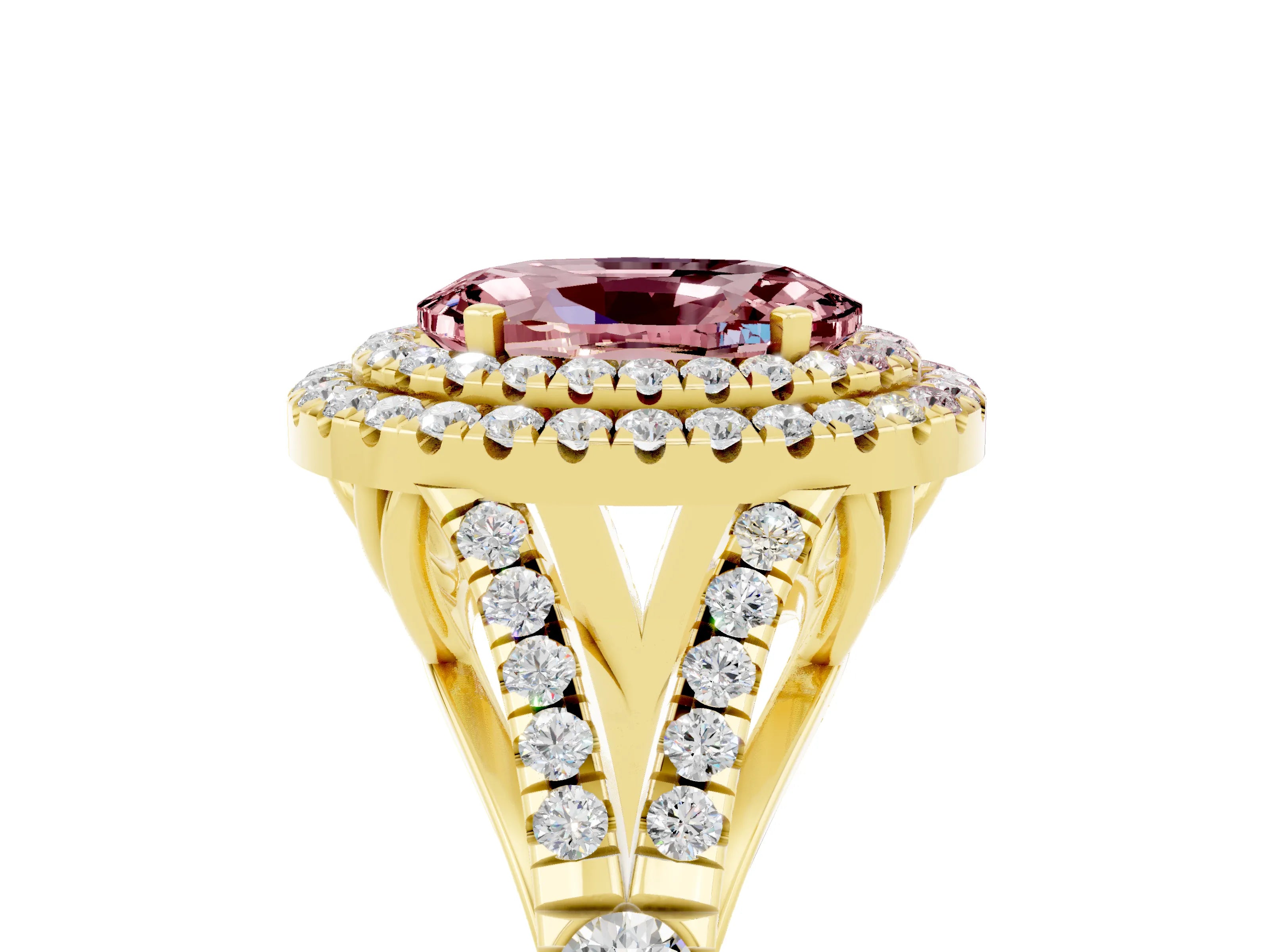 Yellow gold Double Halo Oval Cut Morganite Pavé Split Shank Ring with Prong Setting_5