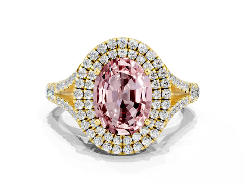 Yellow gold Double Halo Oval Cut Morganite Pavé Split Shank Ring with Prong Setting