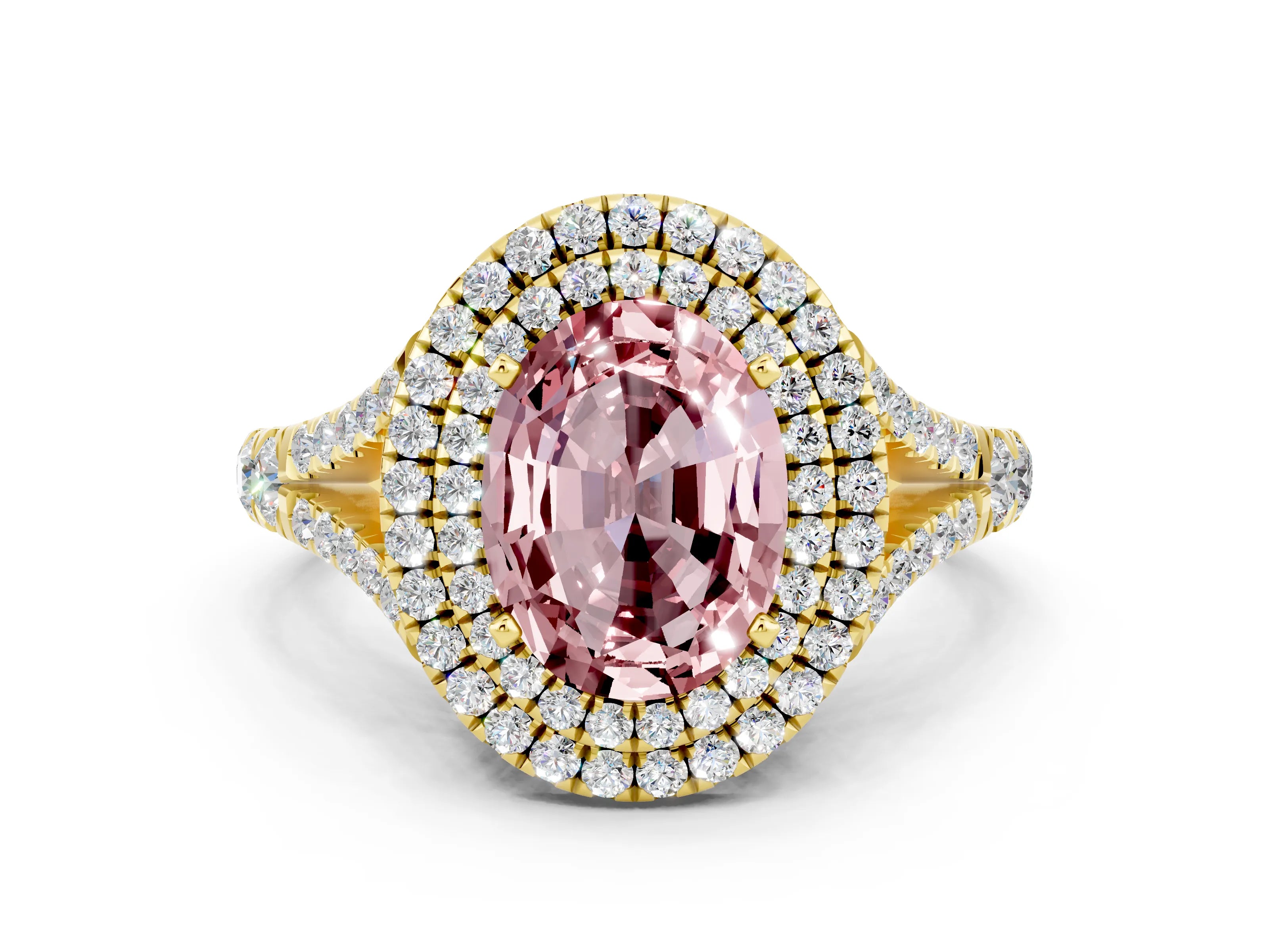 Yellow gold Double Halo Oval Cut Morganite Split Shank Engagement Ring with Four-Prong Setting
