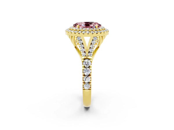 Yellow gold Double Halo Oval Cut Morganite Split Shank Engagement Ring with Four-Prong Setting