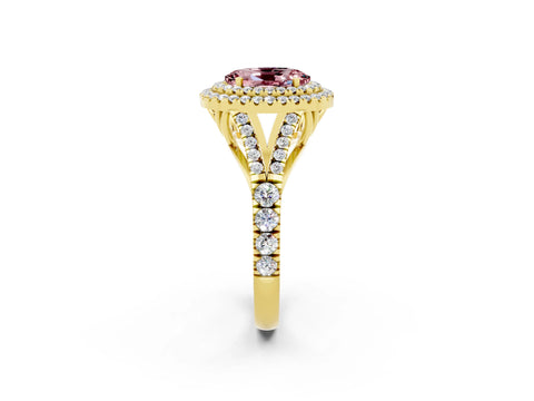 Yellow gold Double Halo Oval Cut Morganite Split Shank Engagement Ring with Four-Prong Setting_2