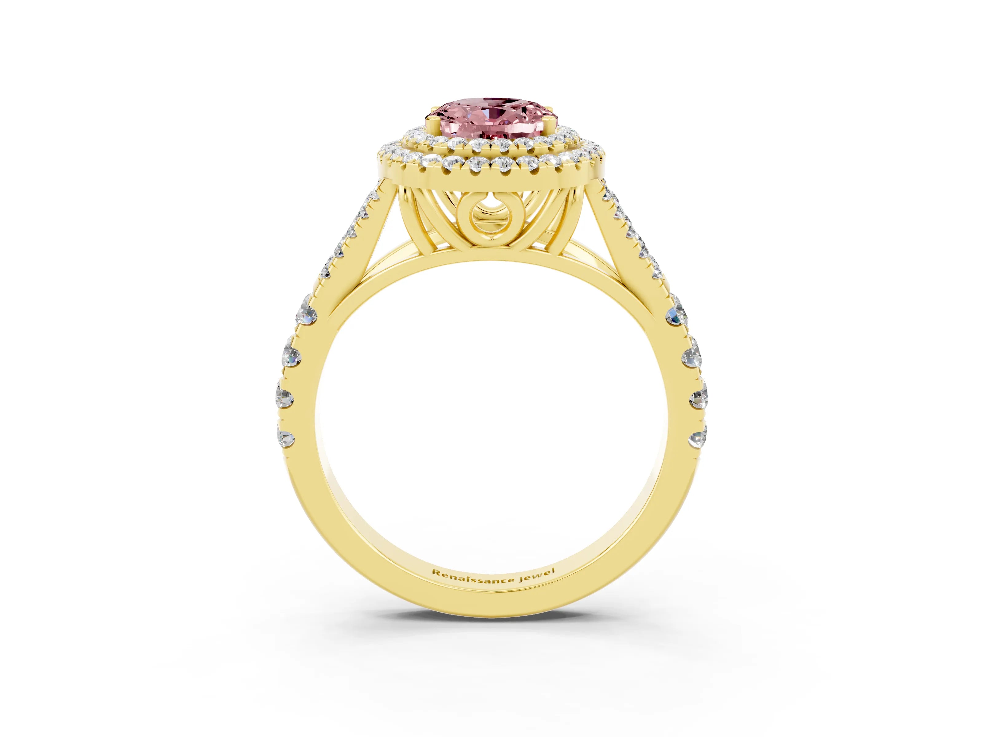 Yellow gold Double Halo Oval Cut Morganite Split Shank Engagement Ring with Four-Prong Setting_3