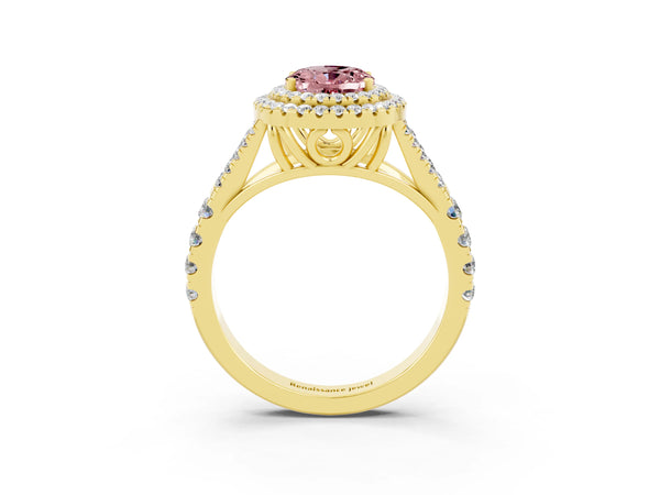Yellow gold Double Halo Oval Cut Morganite Split Shank Engagement Ring with Four-Prong Setting