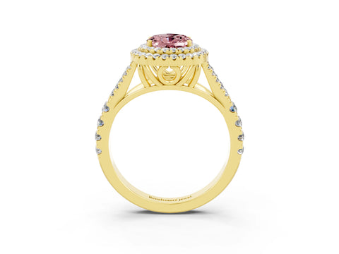 Yellow gold Double Halo Oval Cut Morganite Split Shank Engagement Ring with Four-Prong Setting_3