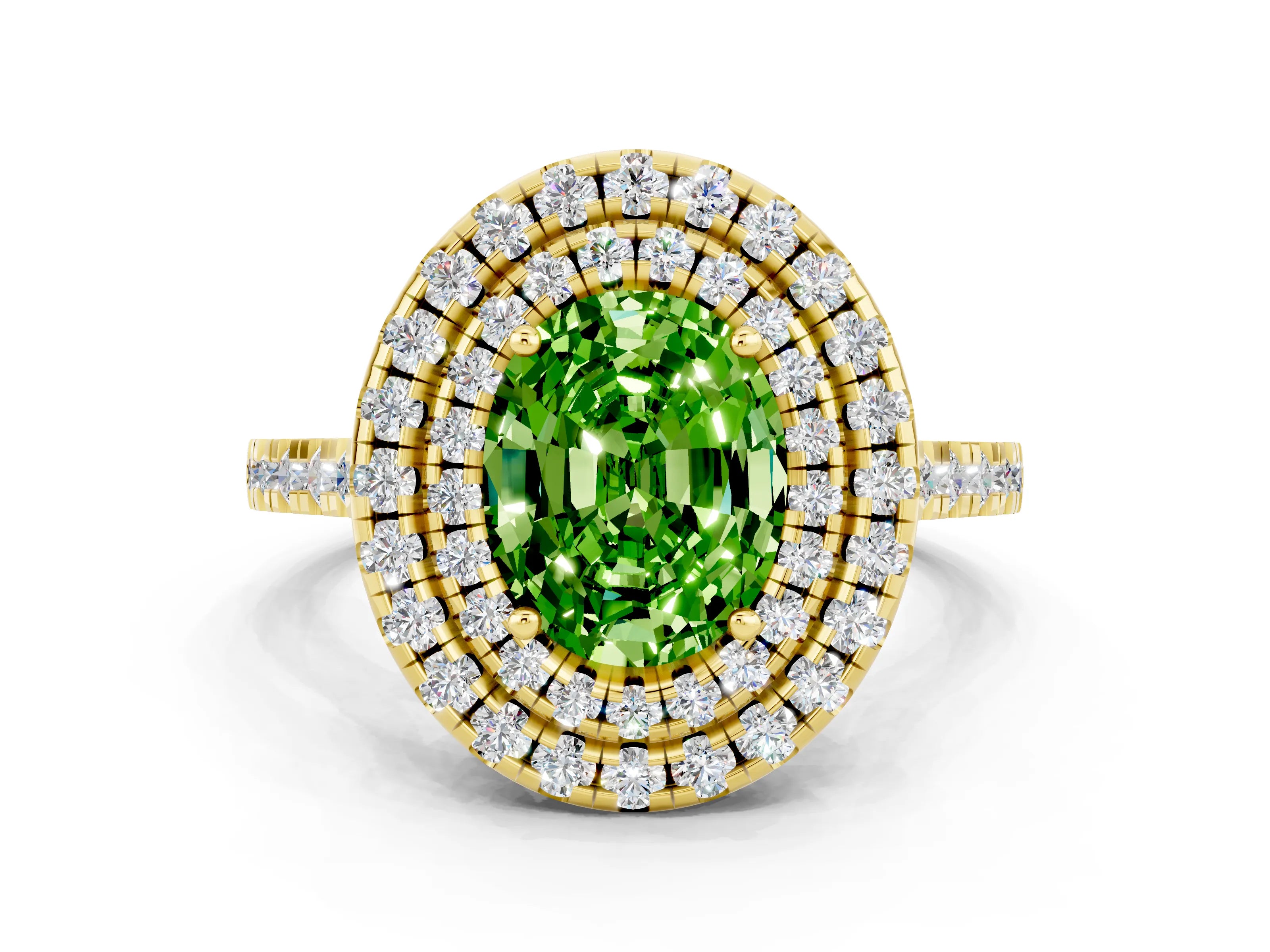 Yellow gold Double Halo Oval Cut Peridot Pavé Band with Four-Prong Setting