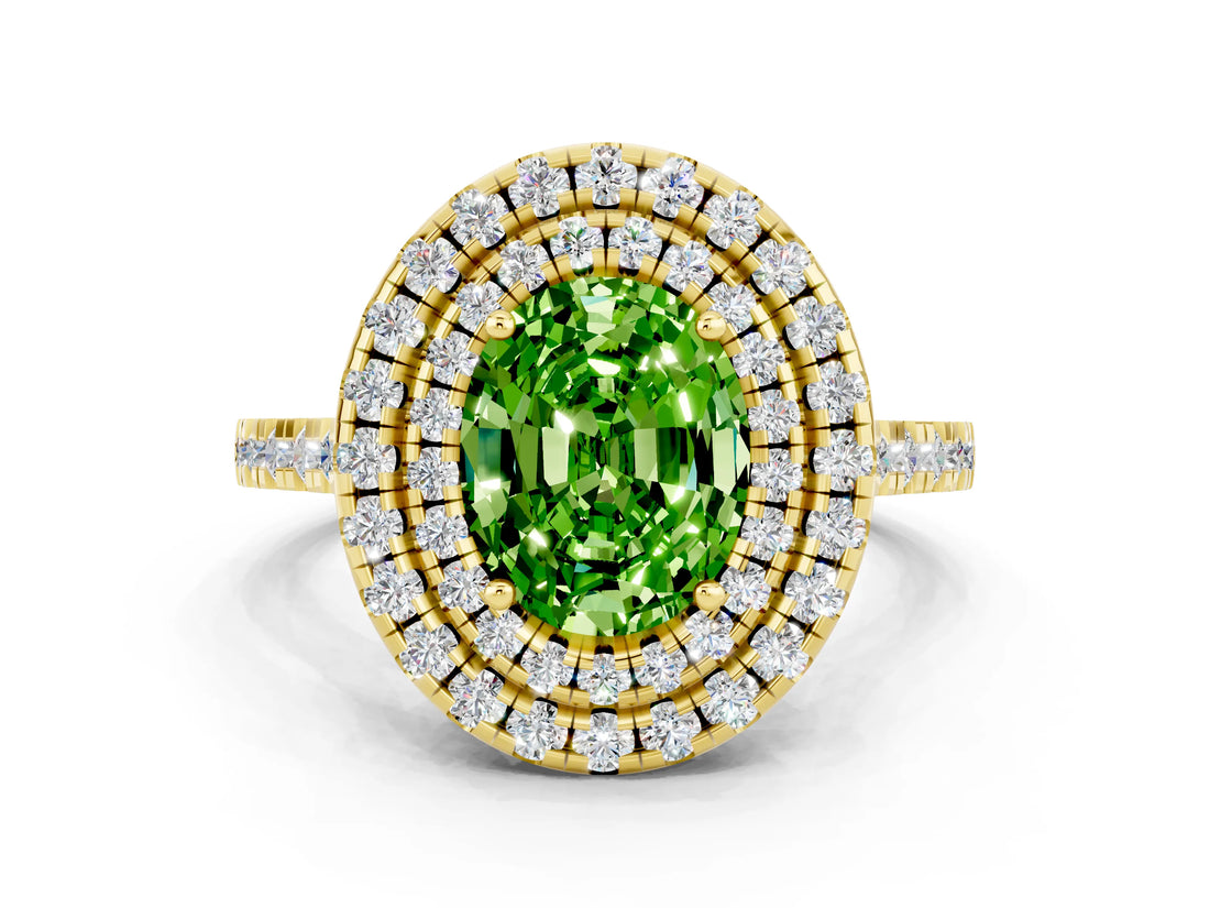 Yellow gold Double Halo Oval Cut Peridot Pavé Band with Four-Prong Setting