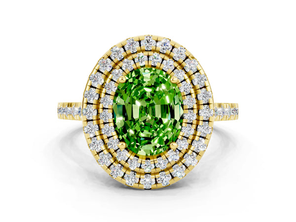 Yellow gold Double Halo Oval Cut Peridot Pavé Band with Four-Prong Setting