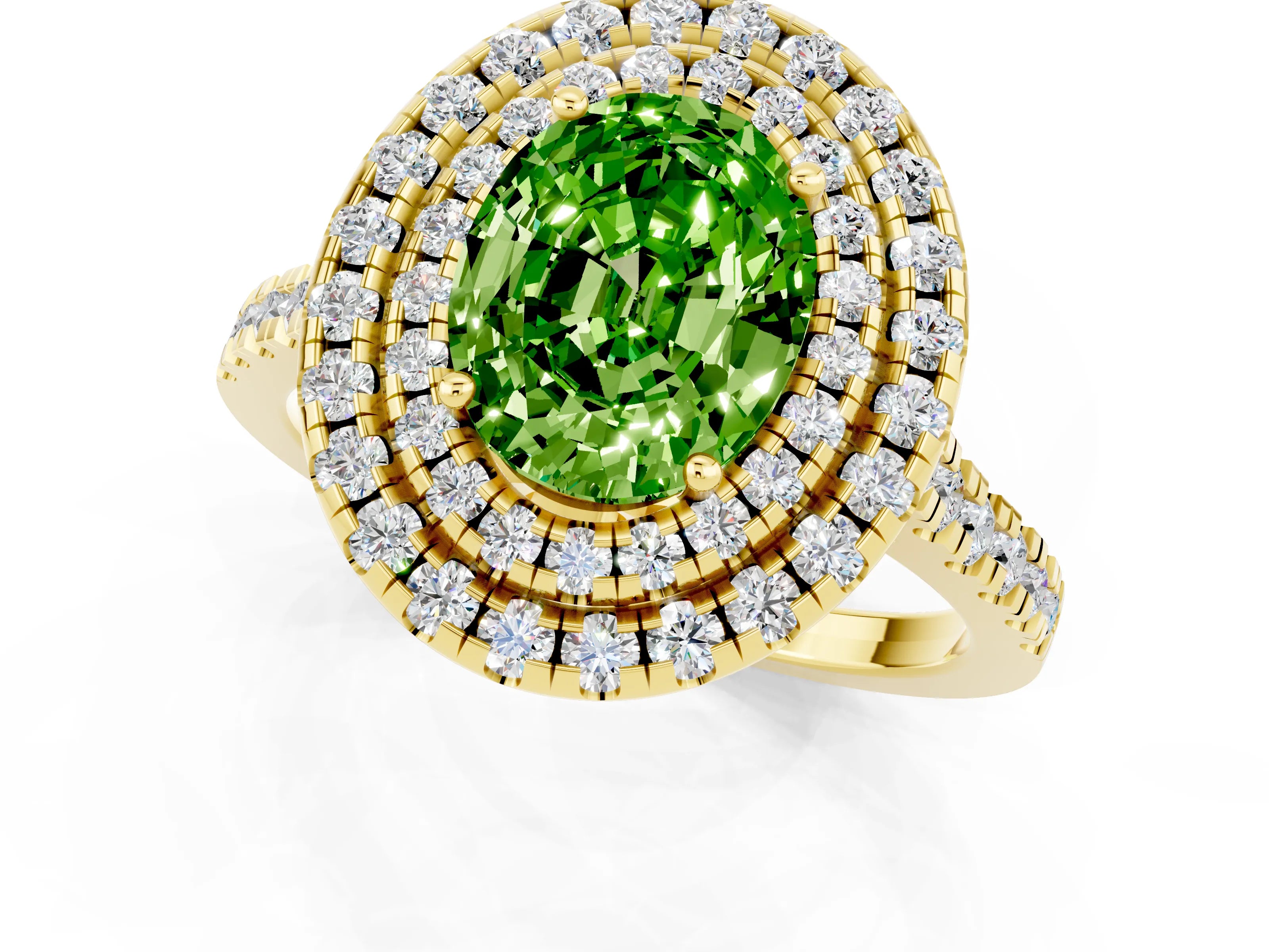 Yellow gold Double Halo Oval Cut Peridot Pavé Band with Four-Prong Setting_1