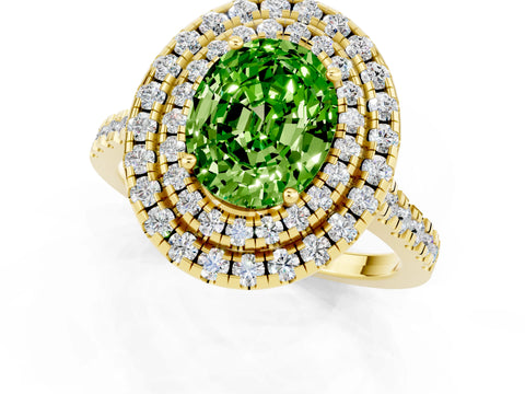 Yellow gold Double Halo Oval Cut Peridot Pavé Band with Four-Prong Setting_1