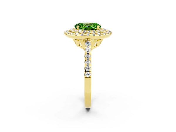 Yellow gold Double Halo Oval Cut Peridot Pavé Band with Four-Prong Setting