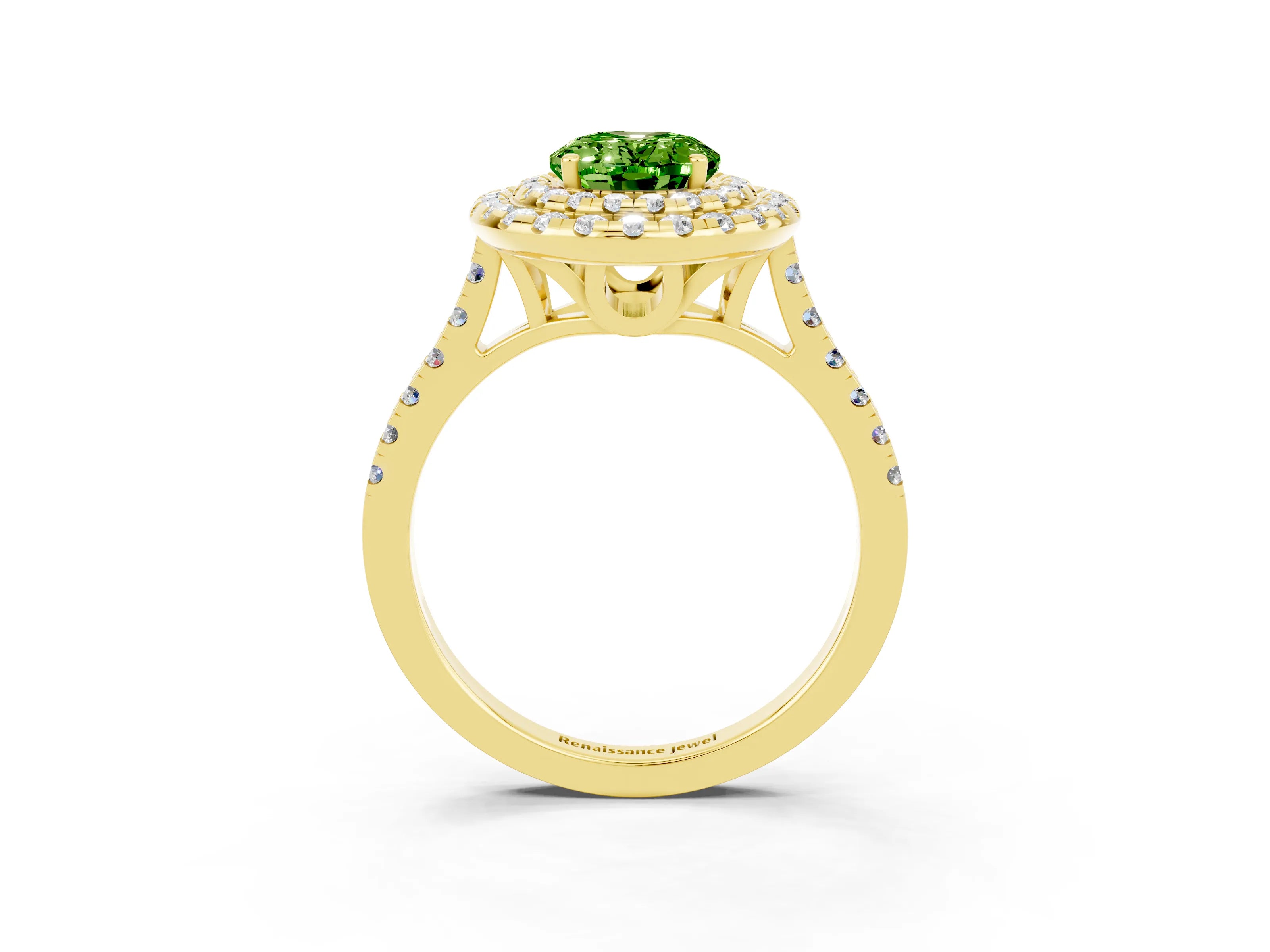 Yellow gold Double Halo Oval Cut Peridot Pavé Band with Four-Prong Setting_3