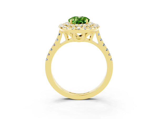 Yellow gold Double Halo Oval Cut Peridot Pavé Band with Four-Prong Setting
