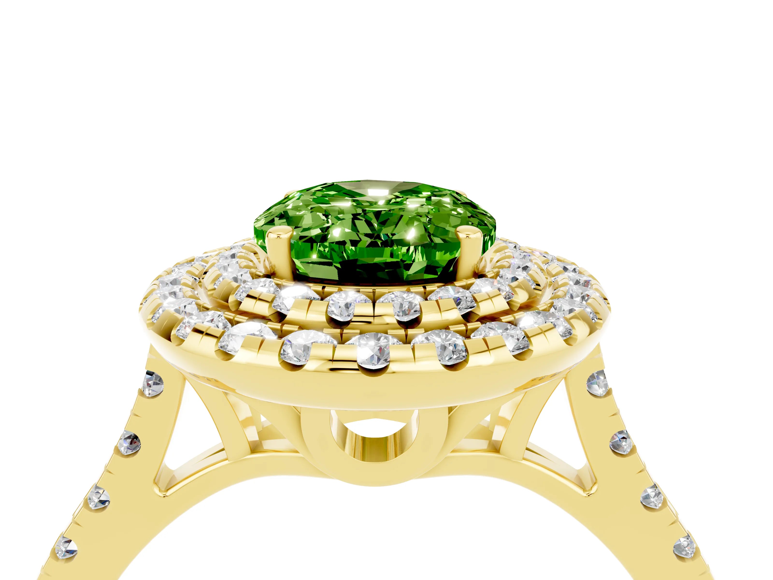Yellow gold Double Halo Oval Cut Peridot Pavé Band with Four-Prong Setting_4