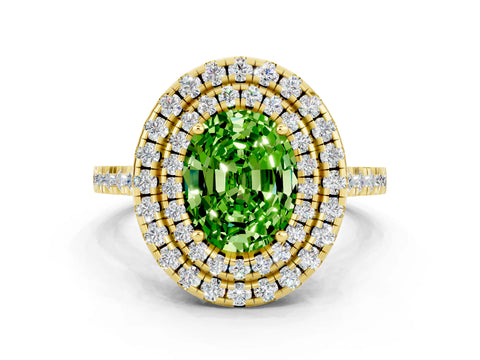 Yellow gold Double Halo Oval Cut Peridot Pavé Band with Four-Prong Setting