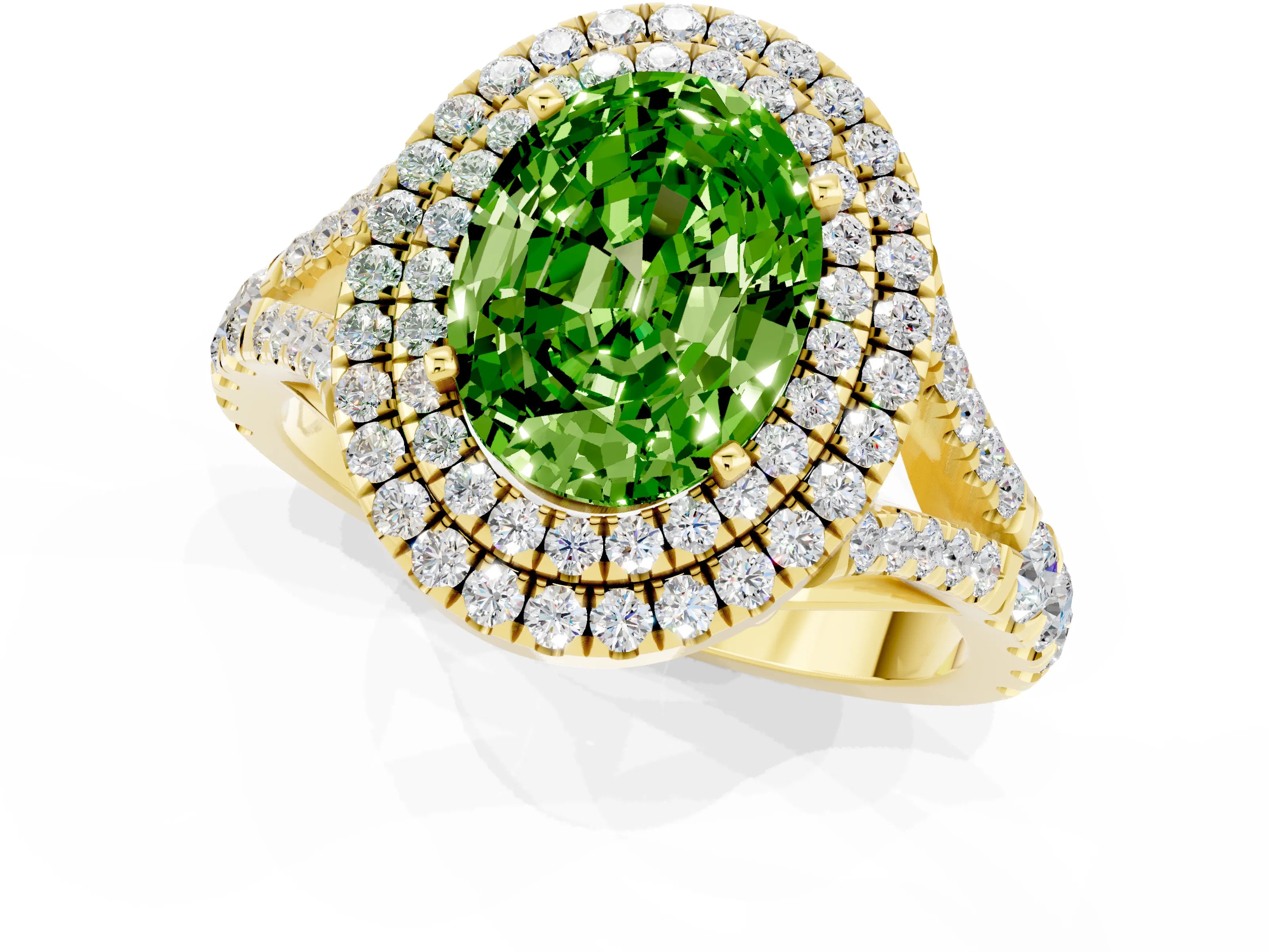 Yellow gold Double Halo Oval Cut Peridot Pavé Split Shank Ring with Prong Setting_1